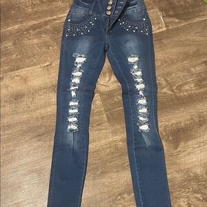 Stud-Embellished Distressed Skinny Jeans - Dark Blue
